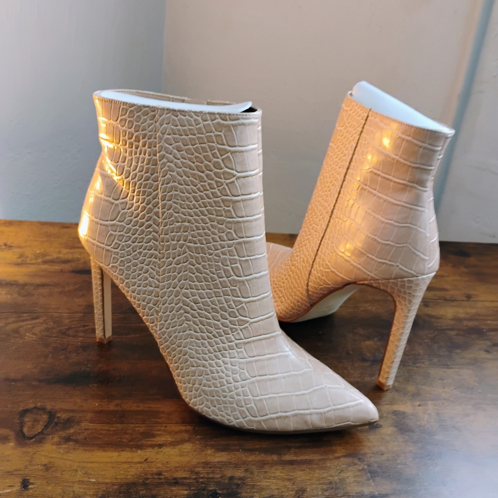 Nine West Croc-Embossed Cream Heeled Boots